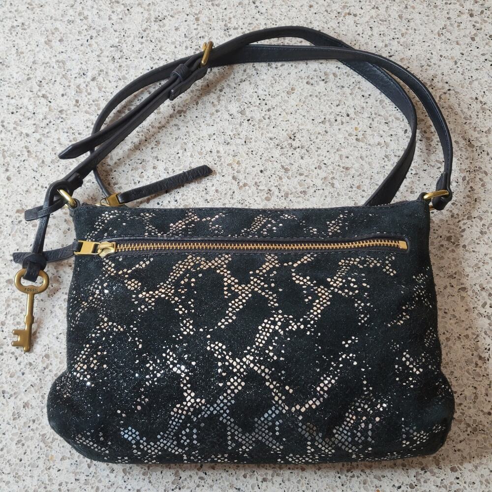 FOSSIL Fiona Leather Suede Silver Metallic Snakeskin Small Crossbody Adjustable